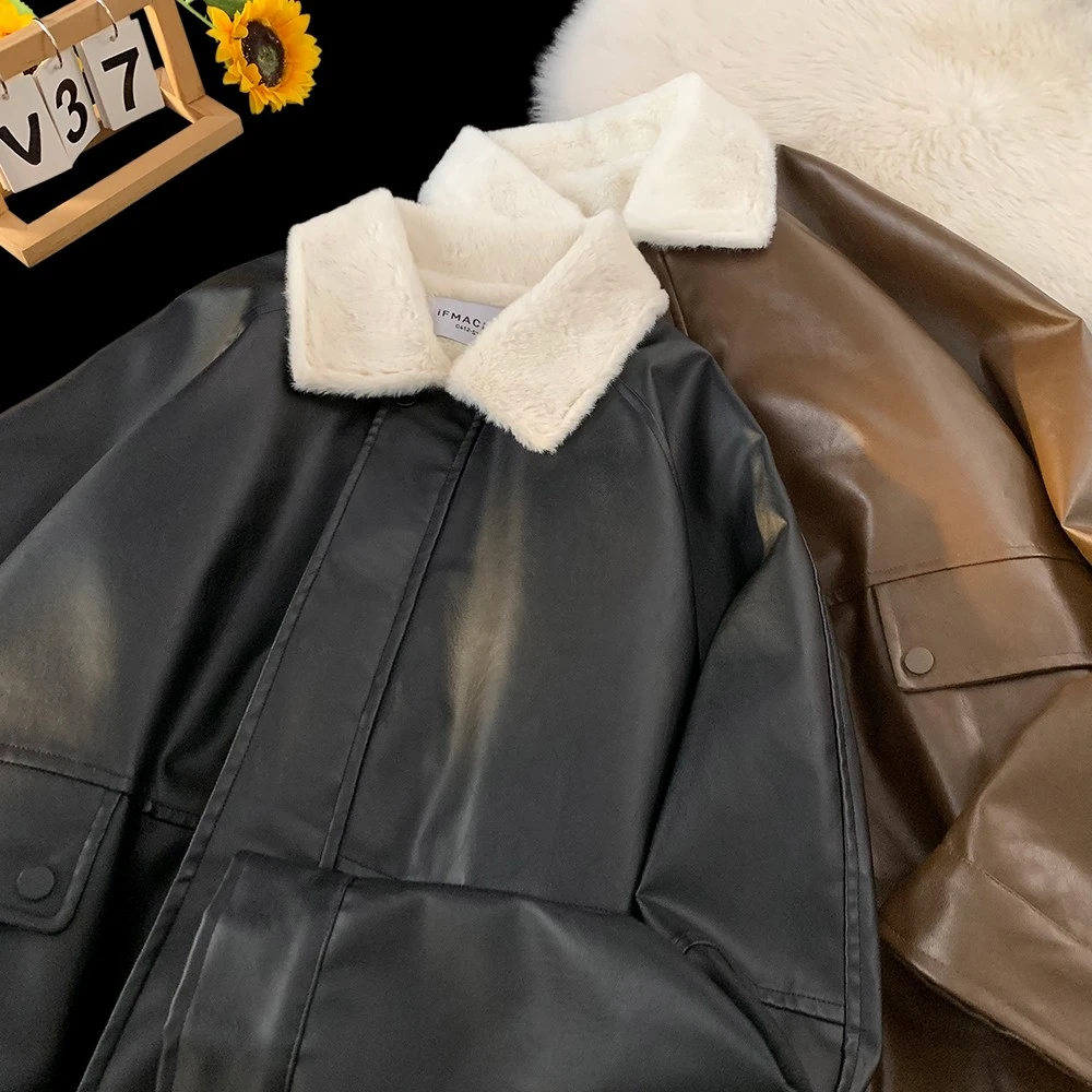 【保暖搭子】美式复古加绒保暖皮外套2025秋冬vintage百搭皮衣夹克