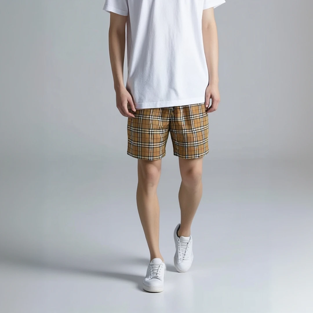 99新 BURBERRY/博柏利 12786636 格纹抽绳短裤 卡其色 XL码