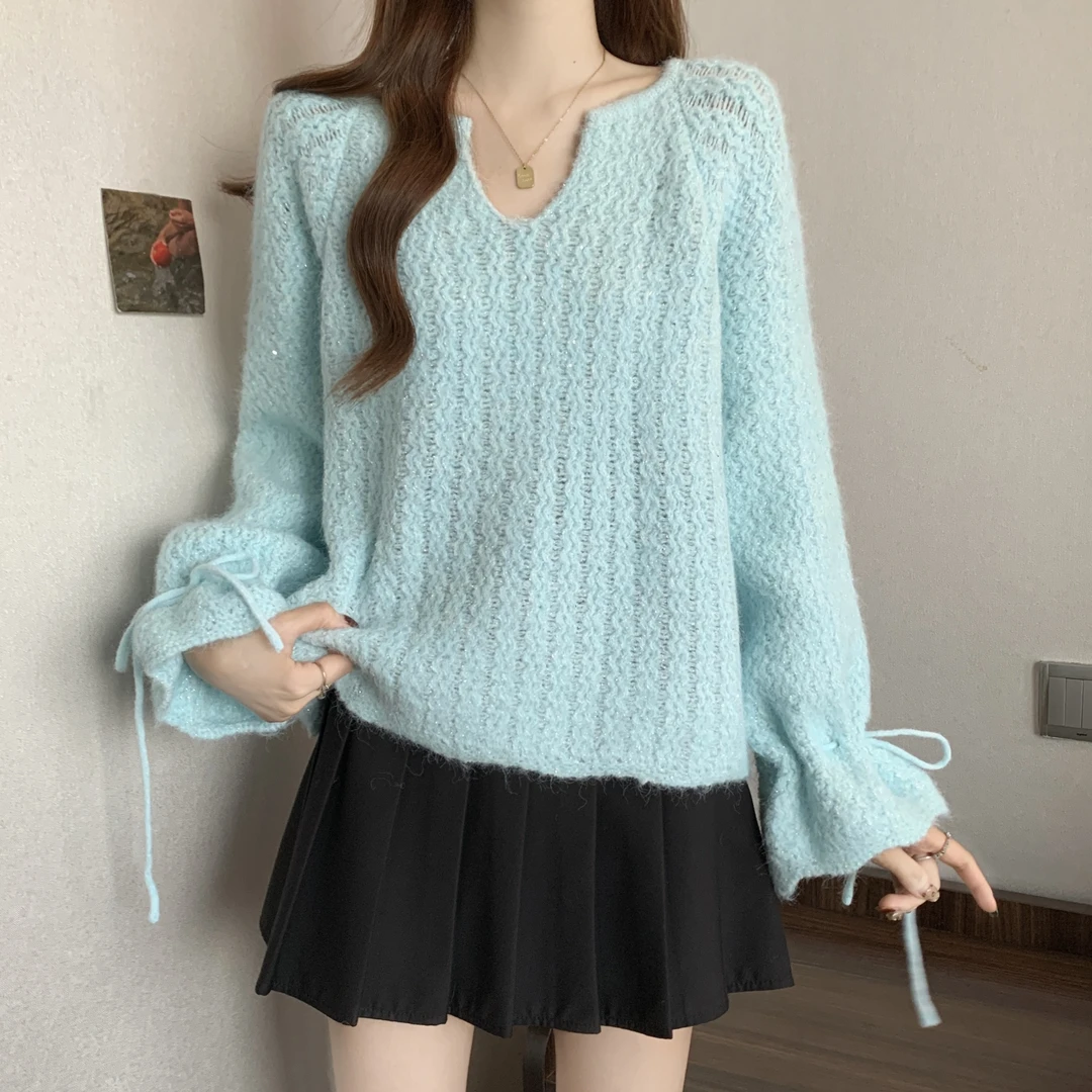 时尚针织长袖毛衣常规款少女风温柔可爱毛针织衫套头加厚V领上衣