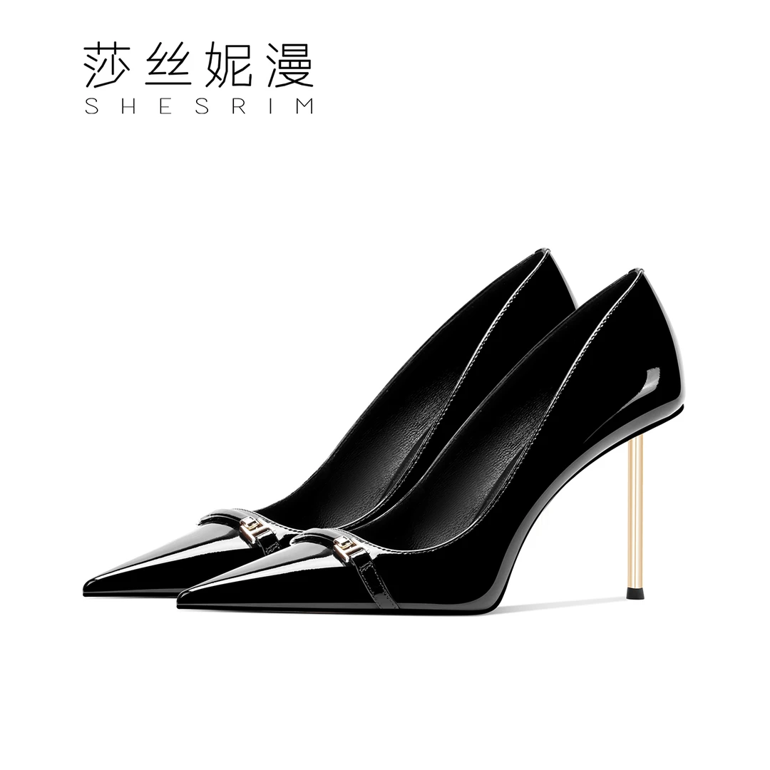 【新品上新】细跟尖头浅口高跟鞋女百搭漆皮金属扣时尚高跟单鞋女鞋