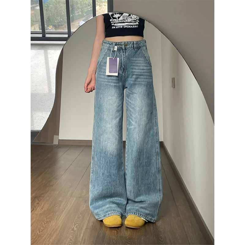 微胖mm复古水洗折痕百搭垂感牛仔裤女2025秋季新款宽松拖地直筒裤