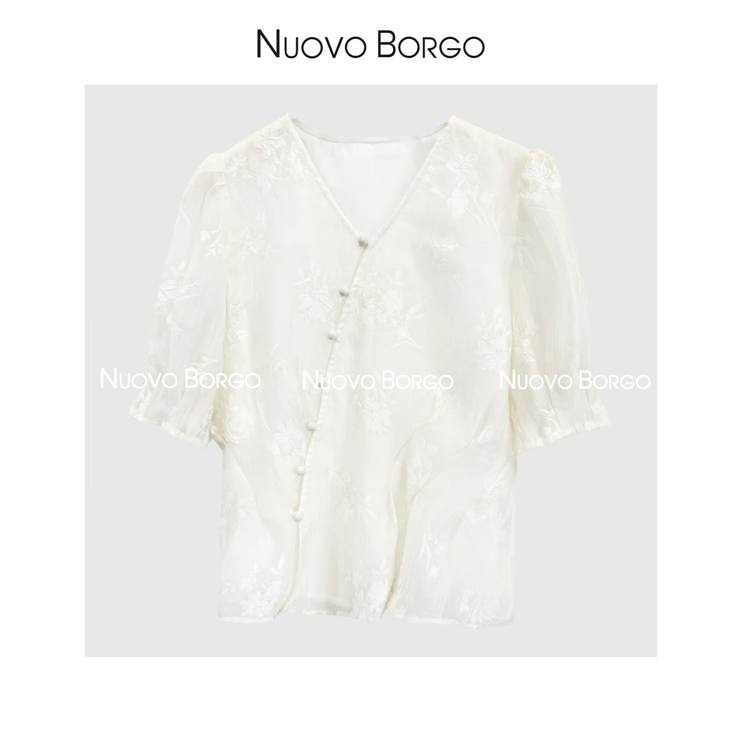Nuovo Borgo 新中式国风提花V领小衫斜门襟五分袖衬衫 C185/32816