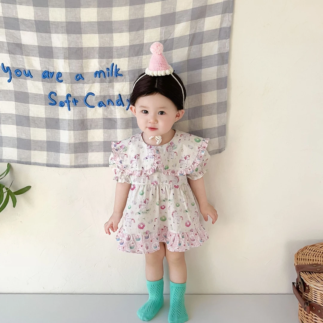 6870连体衣夏装宝宝可爱娃娃领短袖包屁哈衣女童甜美连衣裙姐妹装