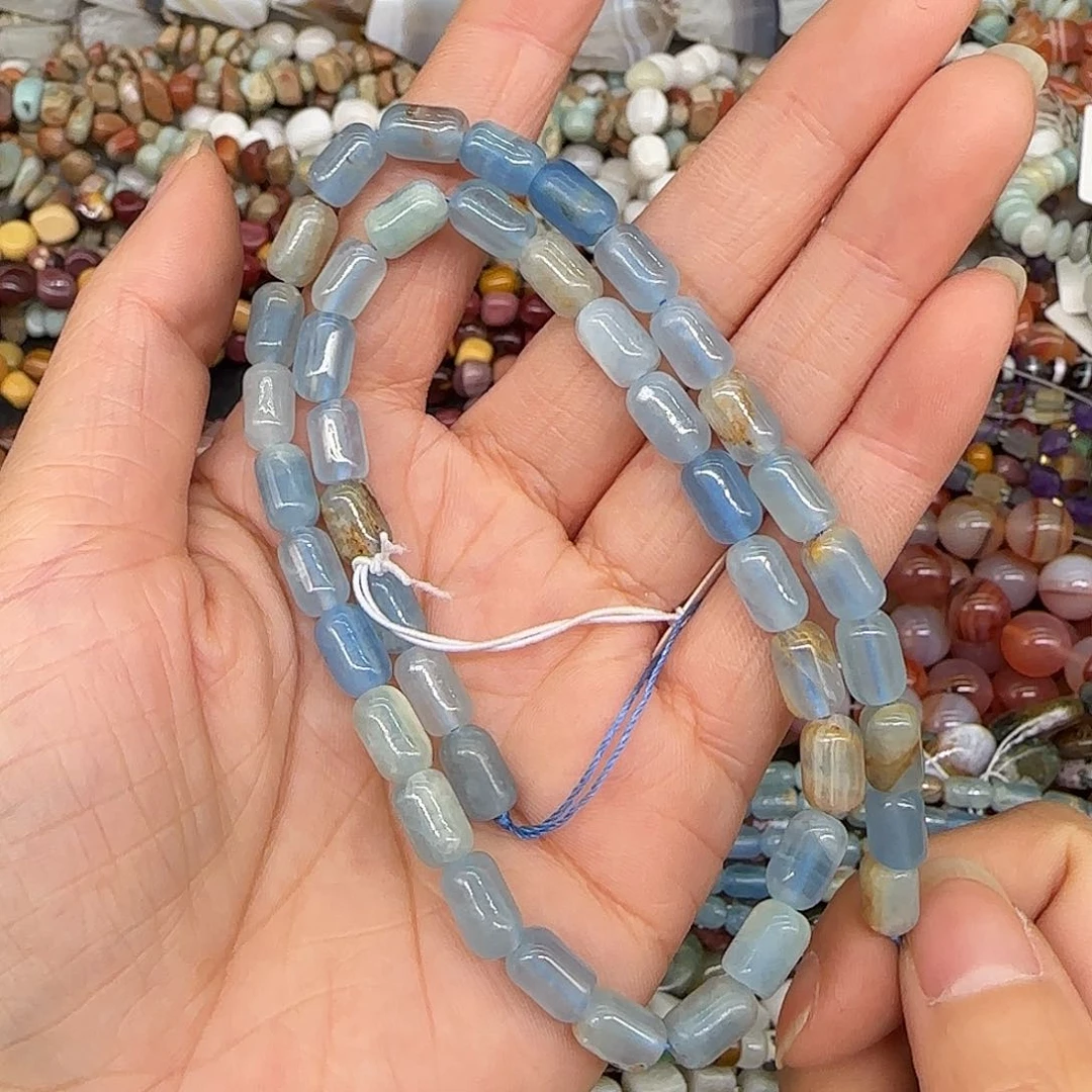 玛瑙/玉髓合金珠宝半成品蓝方解石6-10mm桶珠一条