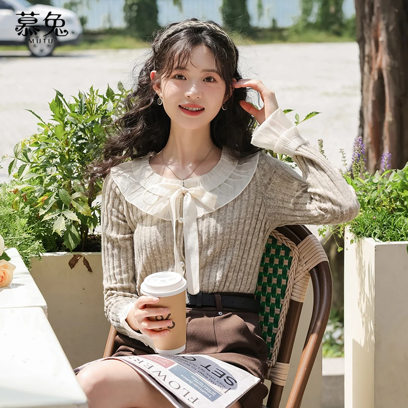 慕兔法式气质花边领毛衣女2024秋别致高级感显瘦长袖针织上衣