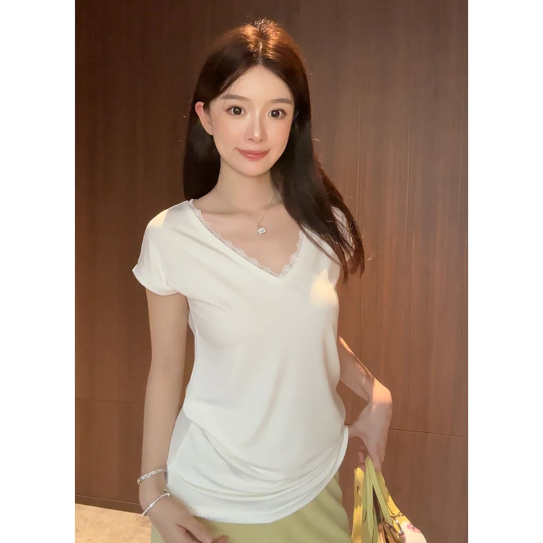 【痘痘私服】|【面料天花板】极简纯欲V领蕾丝短袖