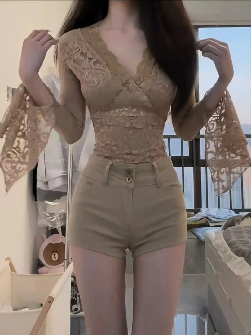 卡其色中高腰复古阔腿牛仔短裤女夏季新款辣妹慵懒宽松显瘦热裤子