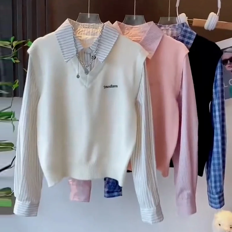 针织衬衫假两件毛衣女春秋短款学院风条纹马甲拼接软糯百搭上衣