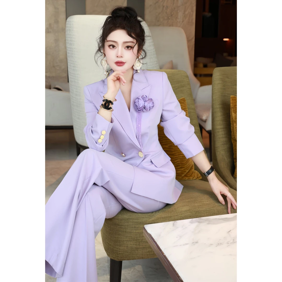 ZEROYK御姐气质职业套装2025初春新款手工订花腰带西装长裤四件套