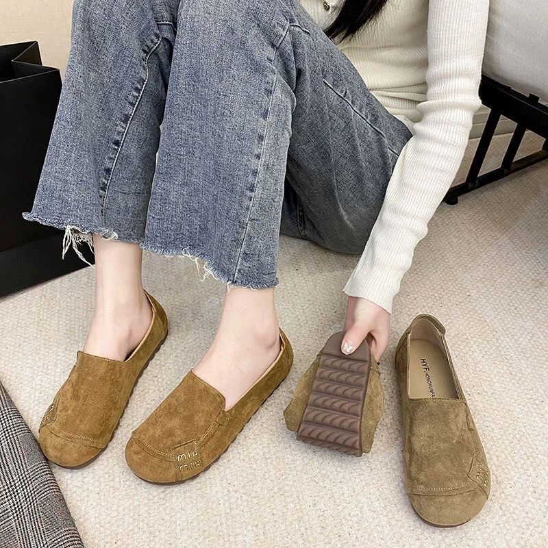 平底豆豆鞋2025新款磨砂防滑休闲防滑软底单鞋女一脚蹬妈妈工作鞋