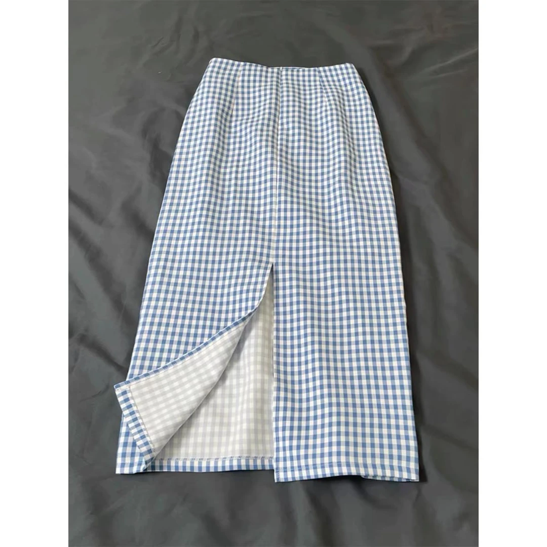 蓝白格纹半身裙女夏季新款开叉高腰显瘦包臀中长裙