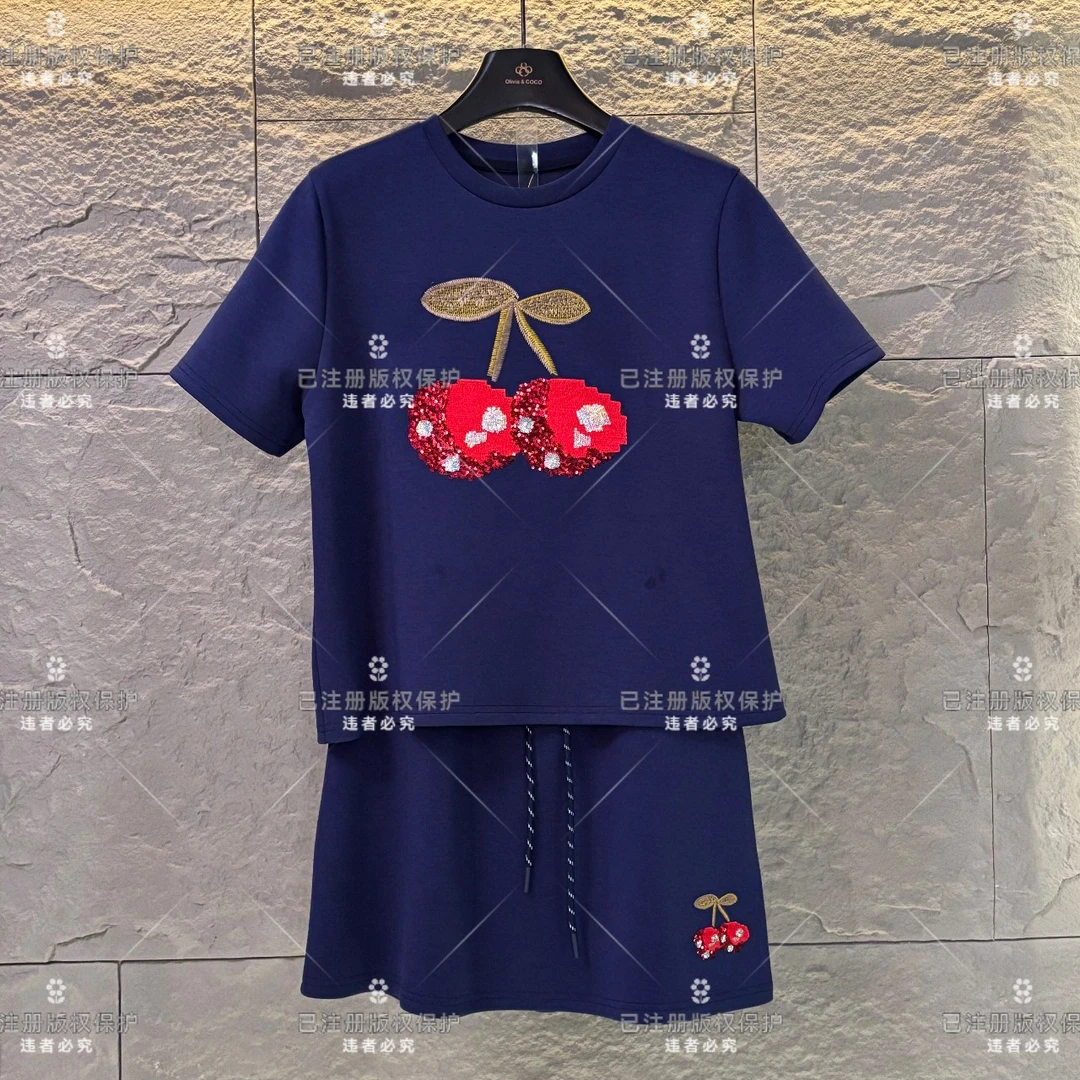 WMA-A46设计师款丨刺绣樱桃重工宽松版夏季短袖T恤短裤时尚套装