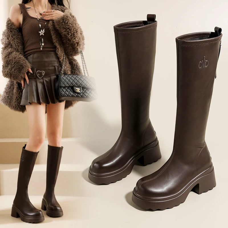 加绒时装靴时尚美拉德风靴子长筒秋冬骑士高筒靴小个子百搭