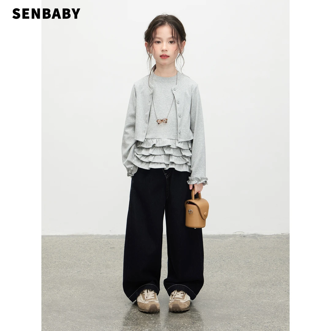 【现货】senbaby女童卫衣秋季新款长袖卫衣灰色木耳边假两件外套