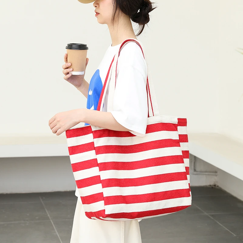 日系新款条纹帆布托特包大容量慵懒风手提女包学生上课单肩布袋潮