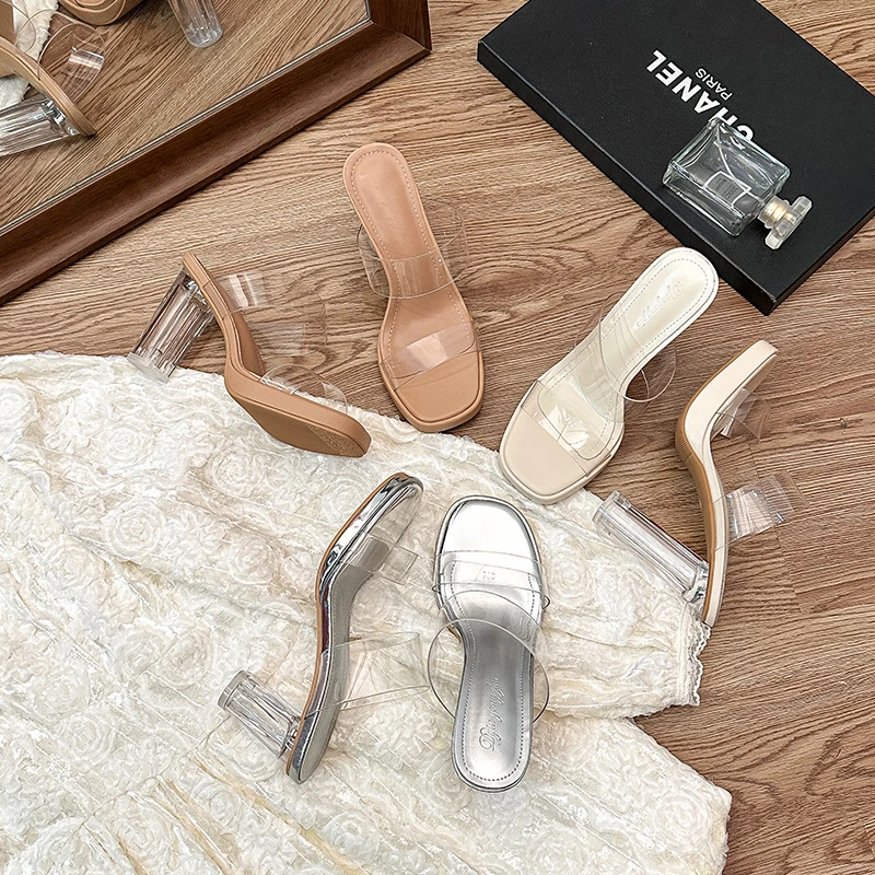 【XF】水晶拖鞋女外穿仙女风小众高级感凉拖法式透明高跟鞋粗跟凉鞋