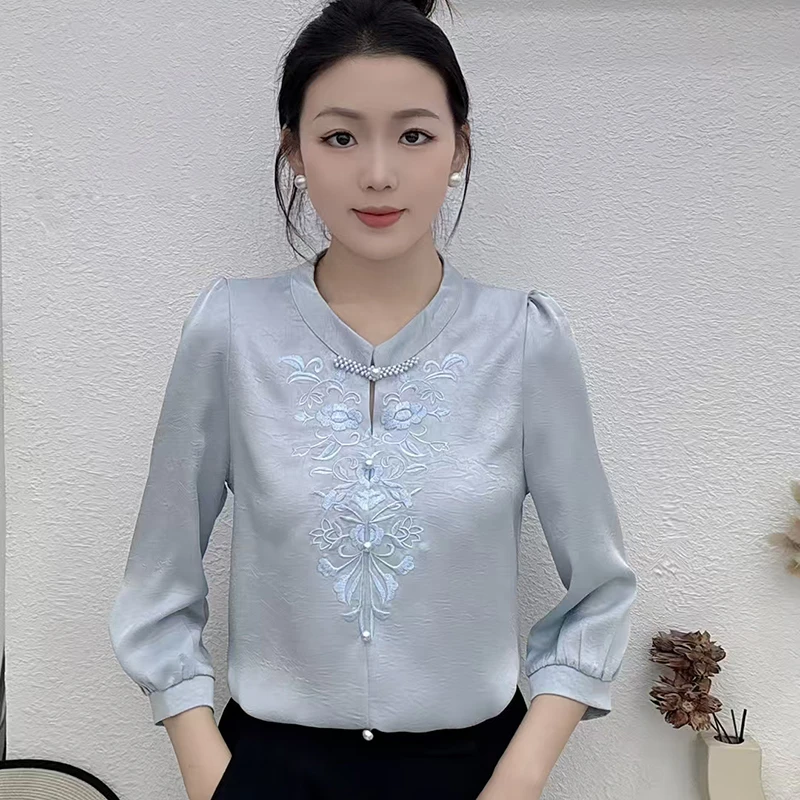 2025春夏新款七分袖衬衫女刺绣洋气减龄复古刺绣百搭上衣休闲衬衣