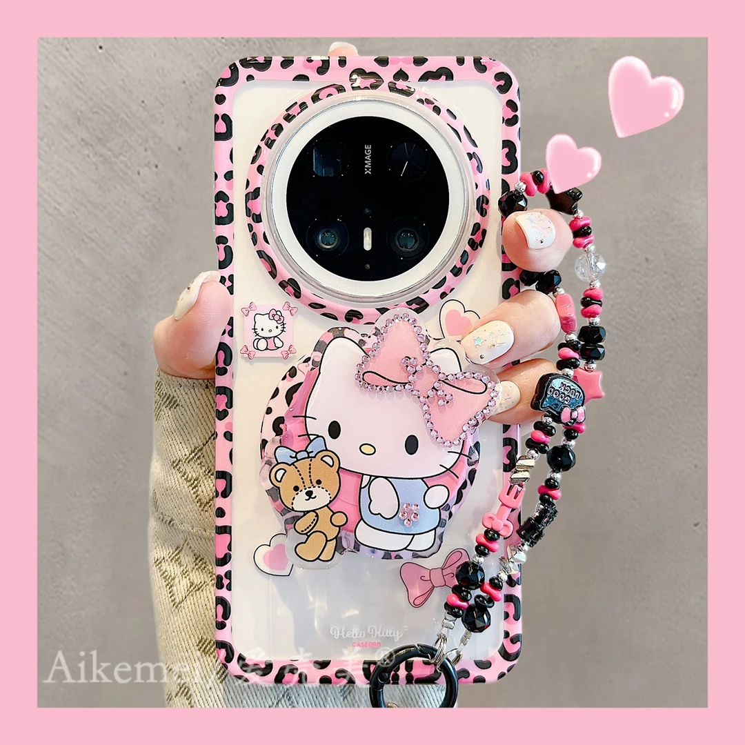 适用华为mate70pro+手机壳豹纹蝴蝶结mate60pro+kt猫磁吸支架链条
