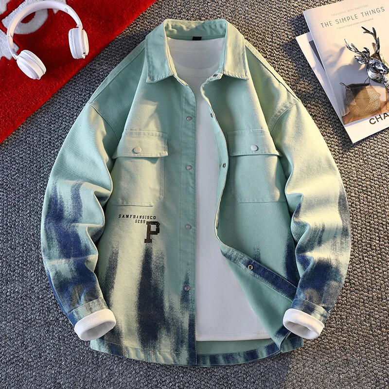 字母印花男牛仔外套少年春秋款日系潮牌扎染男士休闲翻领工装夹克