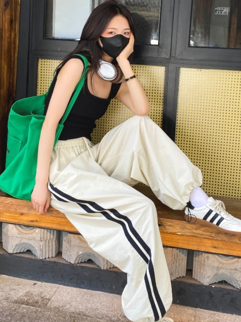 2025夏季新款休闲裤女高腰显瘦直筒阔腿长裤子宽松竖条纹运动卫裤