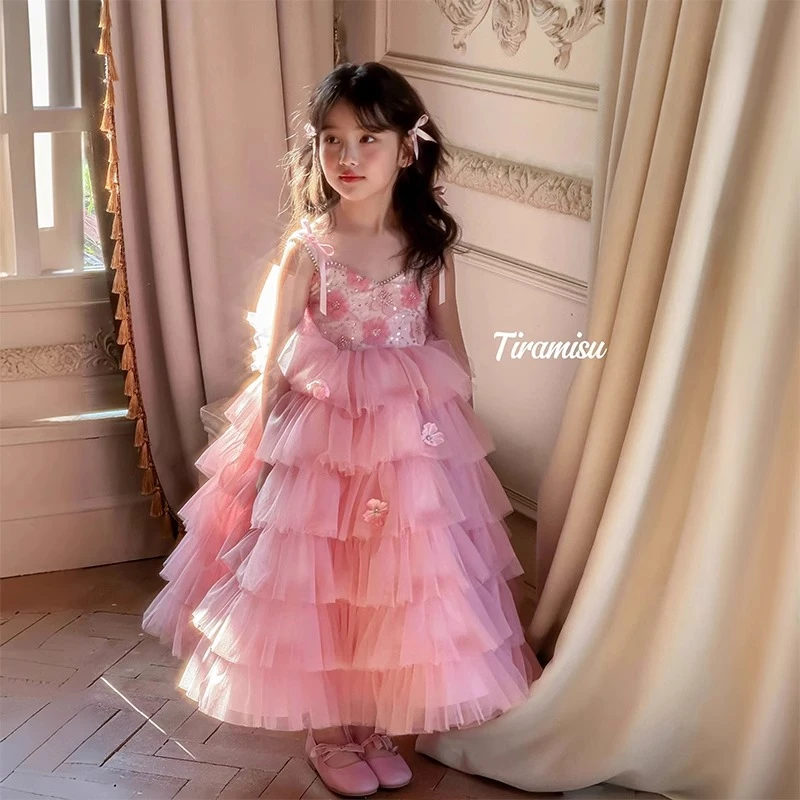 粉色女童礼服裙生日绝美公主裙小女孩吊带蛋糕裙儿童走秀钢琴演出