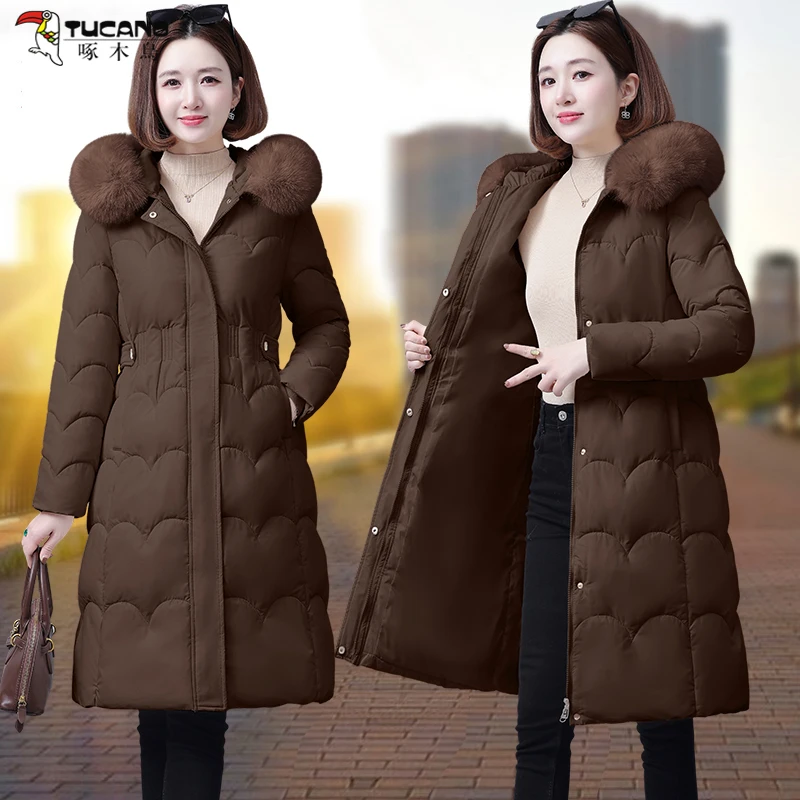 【官方品牌】啄木鳥大毛领中长款棉服女士冬季2026新款时尚韩版棉衣