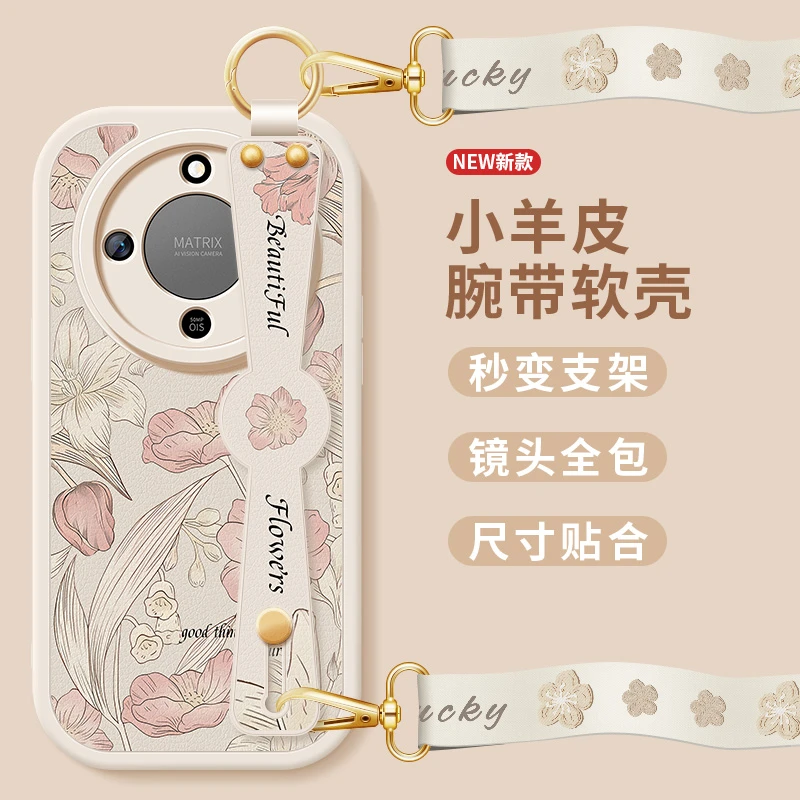 适用荣耀x70手机壳华为honorx70新款女斜跨腕带挂绳支架复古花朵