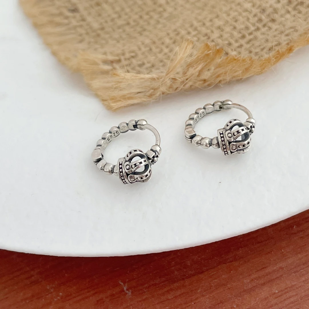 925银耳饰 手工复古做旧皇冠耳圈耳环百搭简约精致个性气质94007