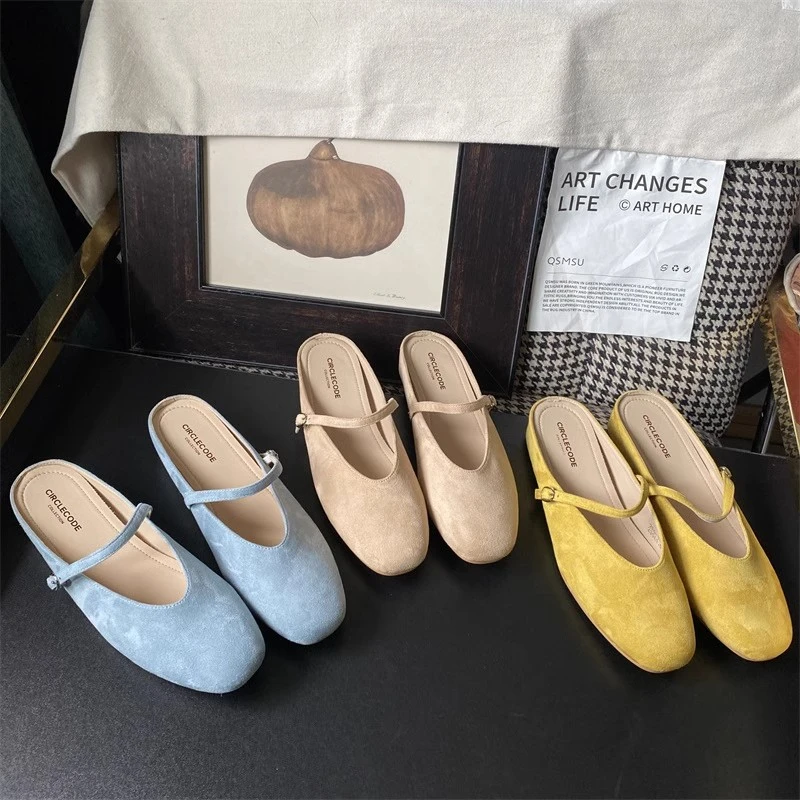 法式平底一脚蹬包头拖鞋女2025春夏新款一字扣带小众外穿百搭单鞋