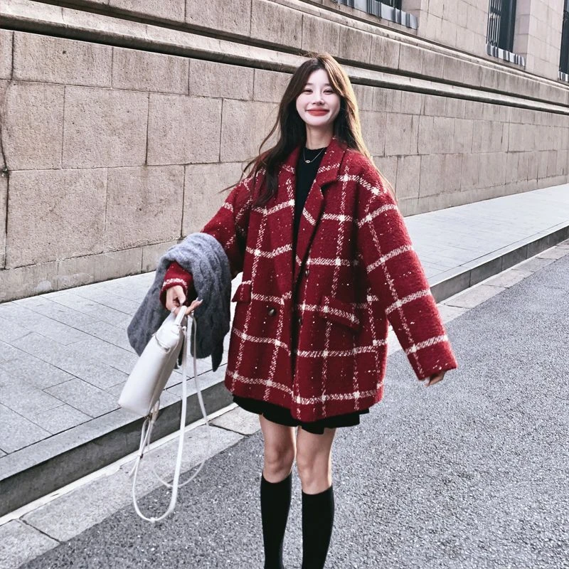 格子外套气质2025新款香风红色秋冬西装格纹宽松上