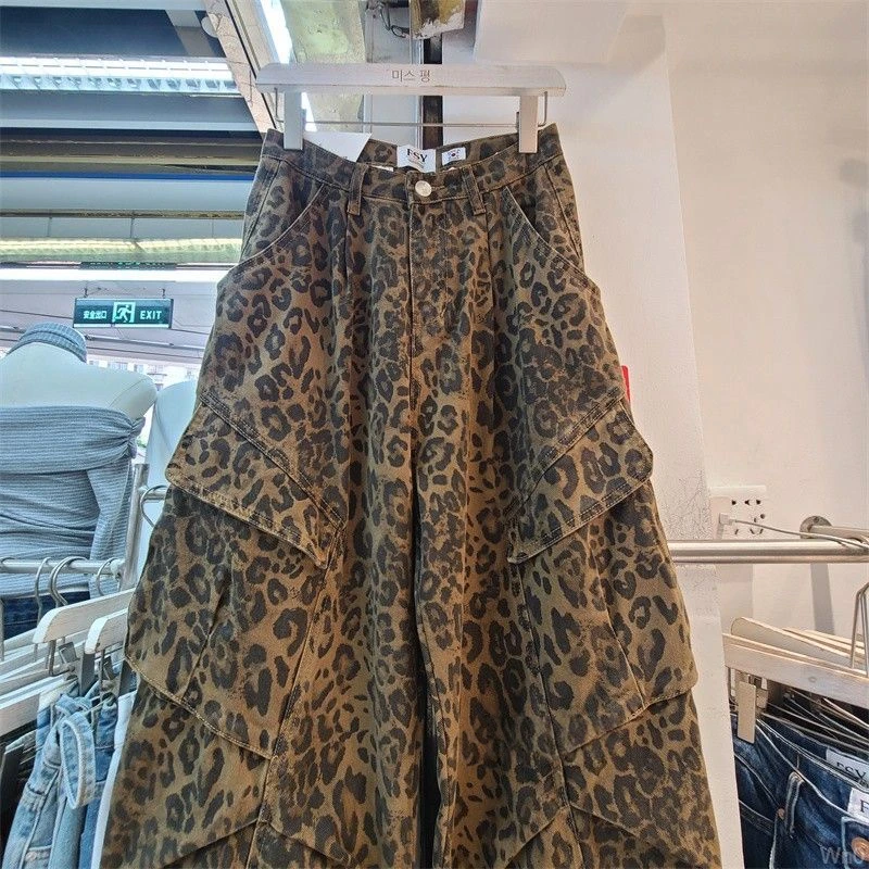 豹纹2025年新款牛仔裤美式春秋季高腰显瘦宽松时尚百搭阔腿工装