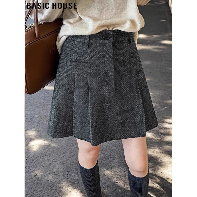 Basic House/百家好慵懒风高腰百褶半身裙女春季显瘦毛呢A字短裙