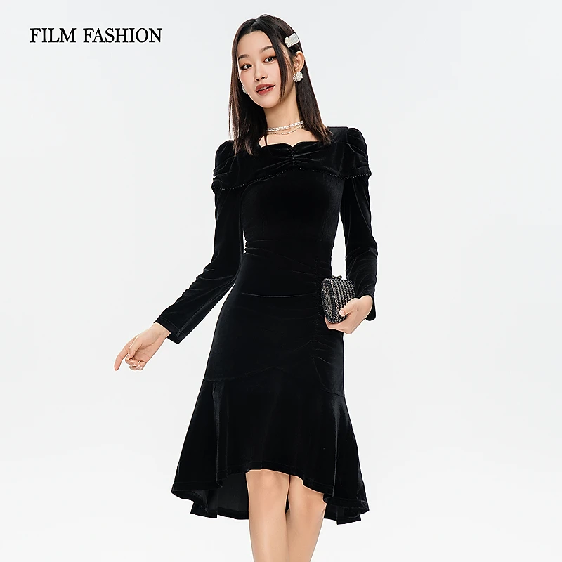 【白姐专属】冬季新款丝绒连衣裙气质好看长袖宴会女 FFSL144810