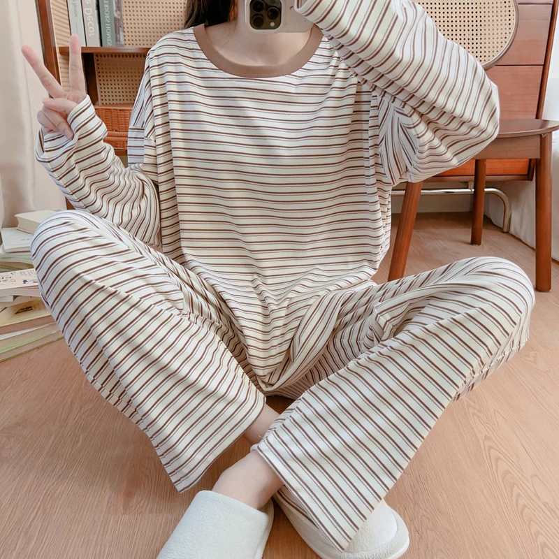 森系睡衣女秋冬季德绒条纹大码加肥胖mm200斤春秋保暖家居服套装