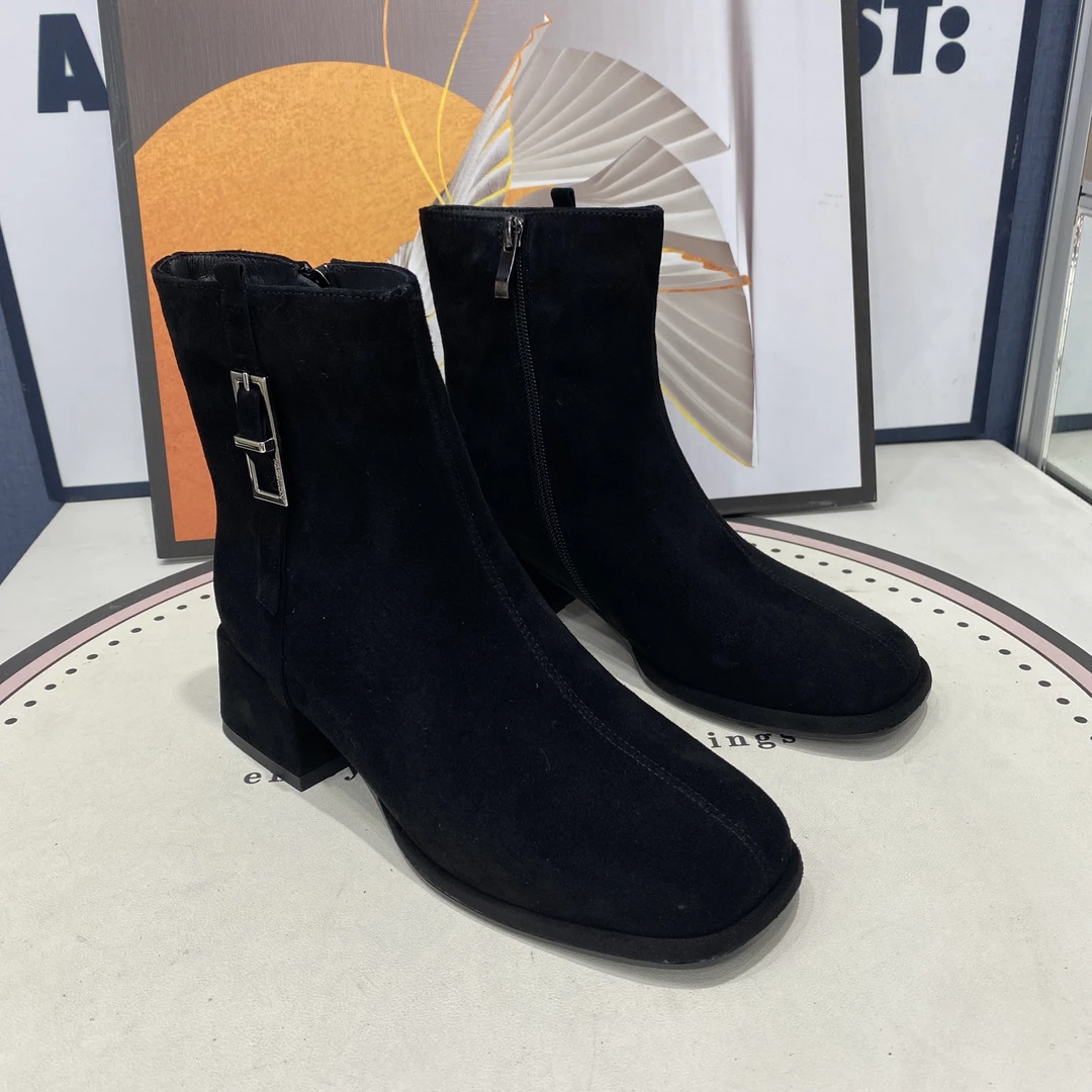 方跟羊京皮短靴方头女靴