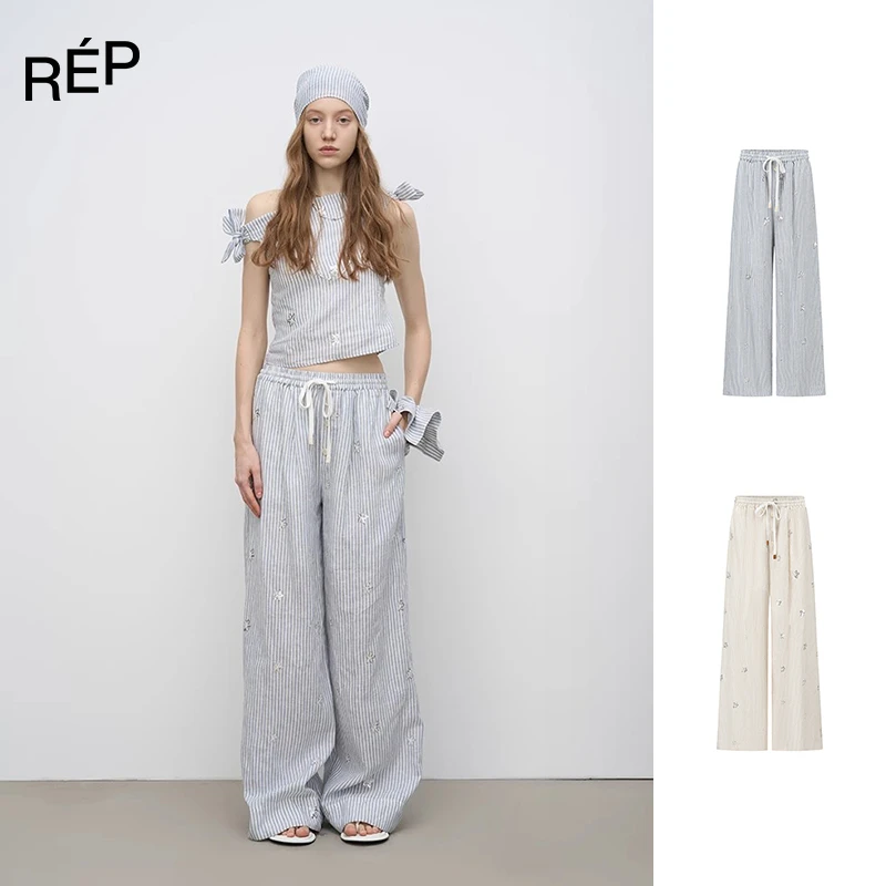 ODTD设计师品牌米白/浅蓝色条纹珠片绣花阔腿长裤 25SS 早春穿搭