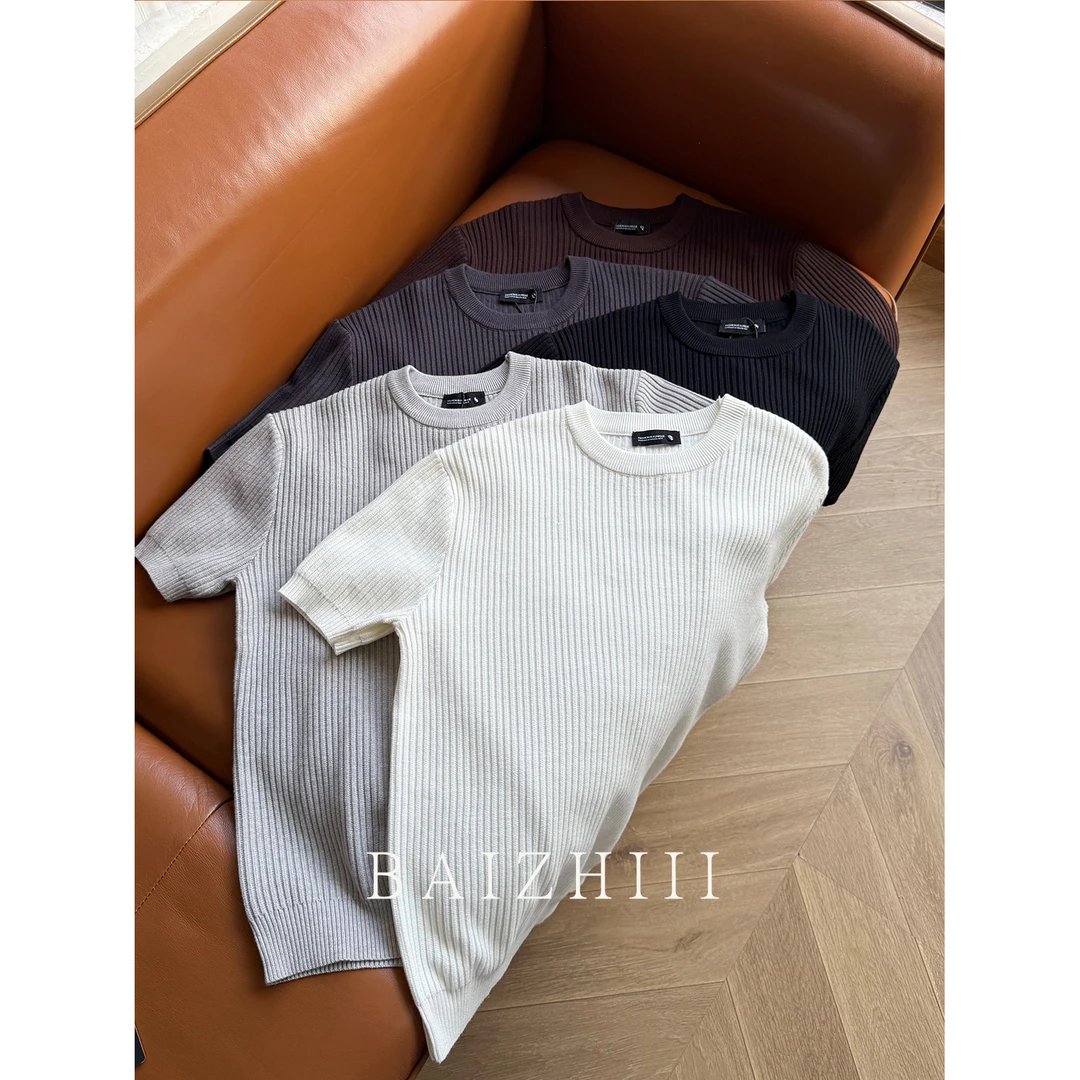 BAIZHI-厚款短袖毛衣针织衫秋冬保暖男士圆领宽松百搭
