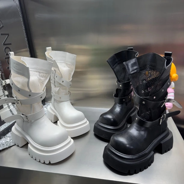 2025圆头网纱增高女中筒靴