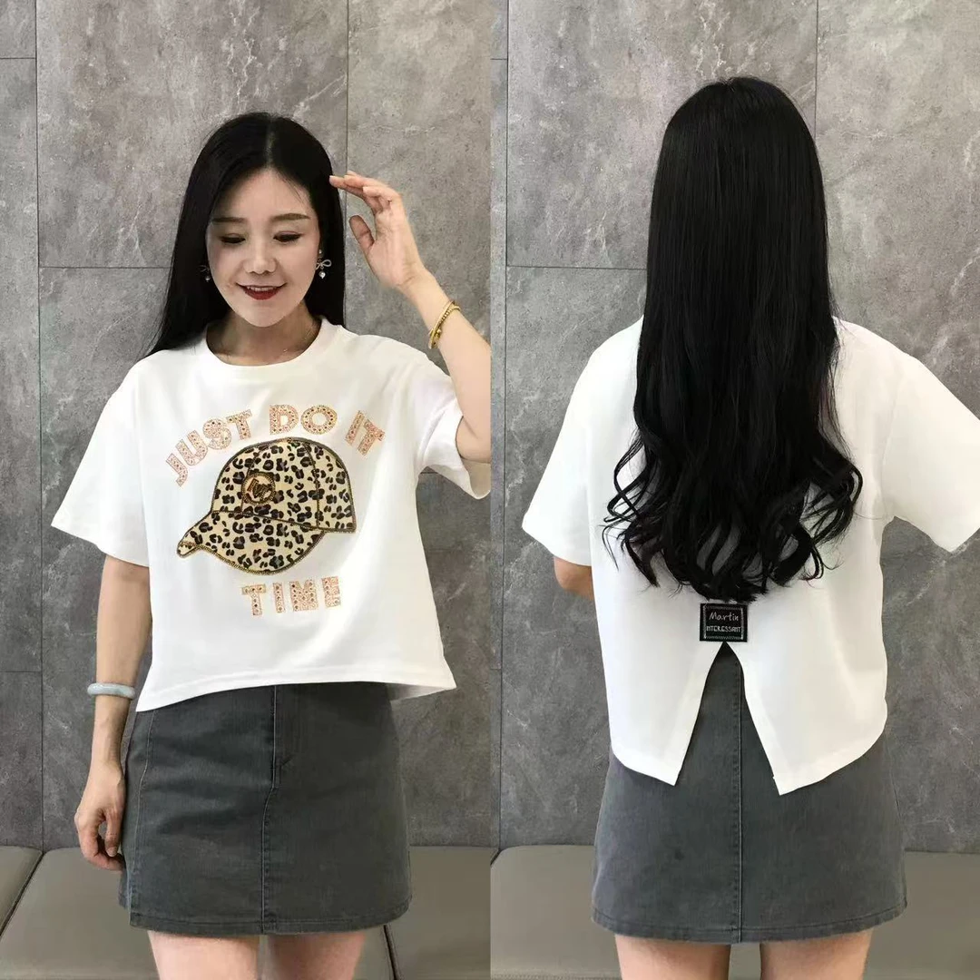 字母烫钻圆领短袖T恤女2025新款夏季高级感气质时尚百搭上衣