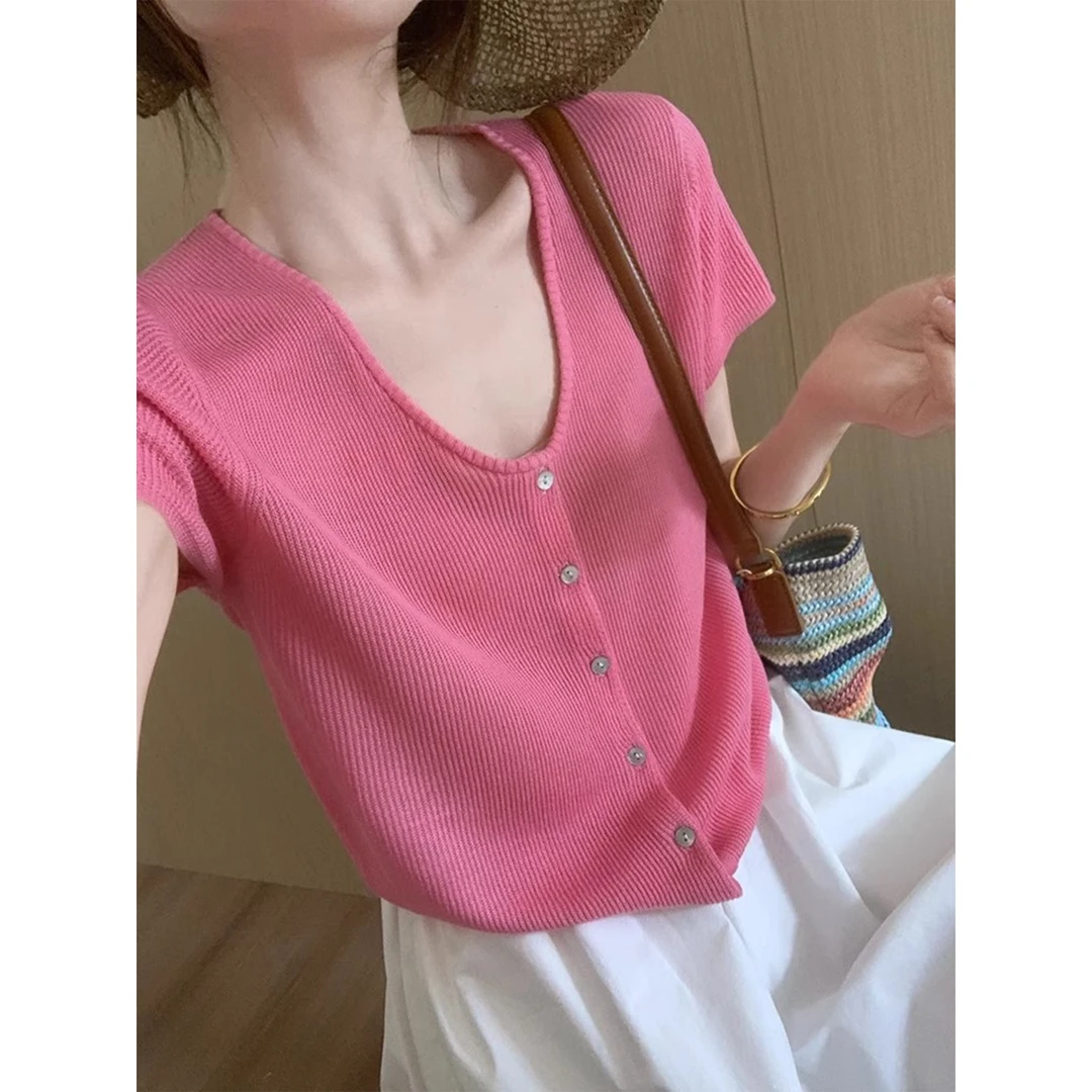 韩版温柔风u领冰丝百搭短袖针织开衫女夏薄款微透T恤宽松休闲上衣