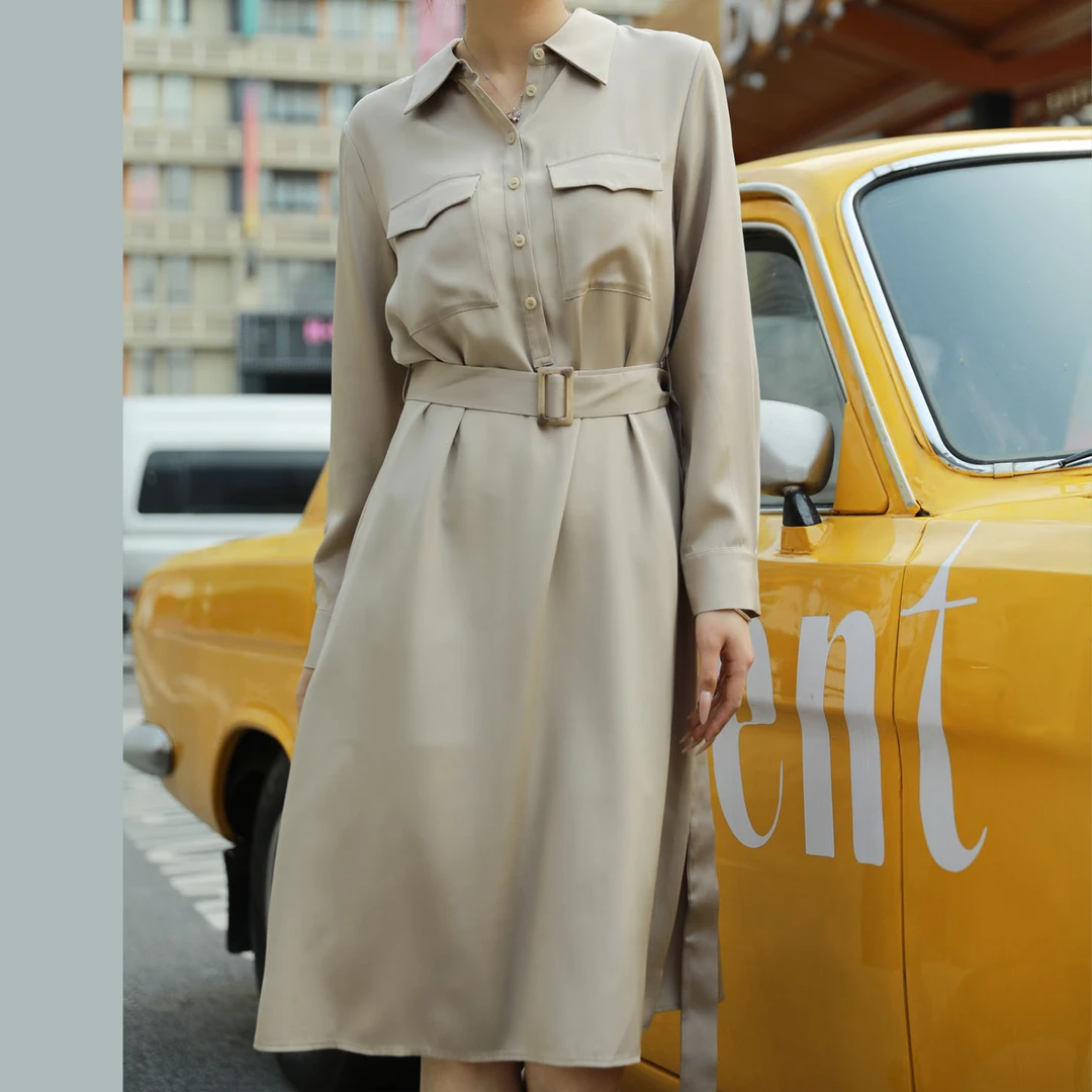 秋木重磅真丝工装连衣裙重皱36姆米女装长袖弹力真丝系带LYQ9411