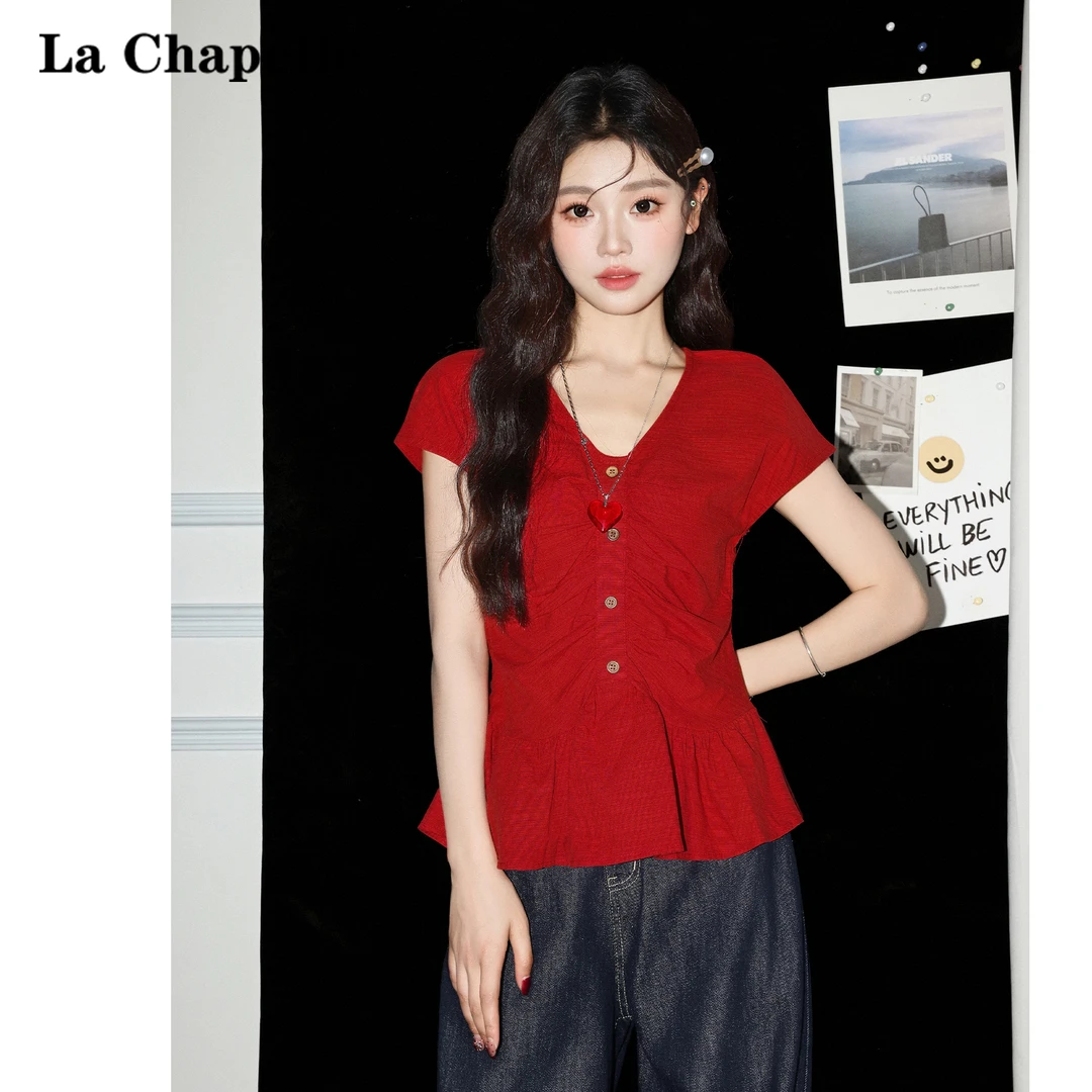 拉夏贝尔法式红色短袖衬衫女2025夏季薄款甜美显瘦荷叶边上衣