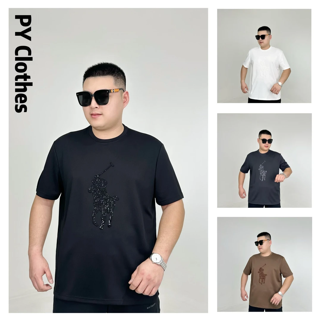 胖语大码男装 2025年春季重工毛巾珠片绣男士轻奢休闲短袖78926#S