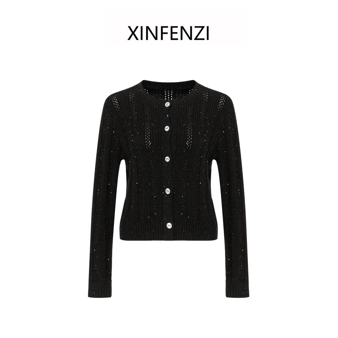 【闪光少女】XINFENZI 亮闪闪绞花圆领镂空减龄开衫 35371