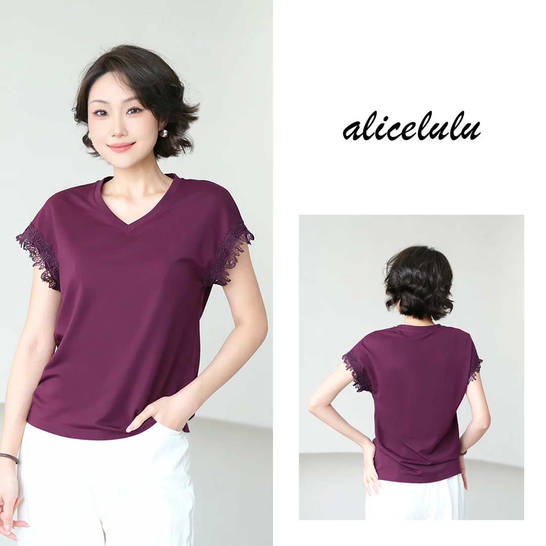 5 alicelulu 法式蕾丝花边拼接v领T恤简约修身显瘦 S2142560A