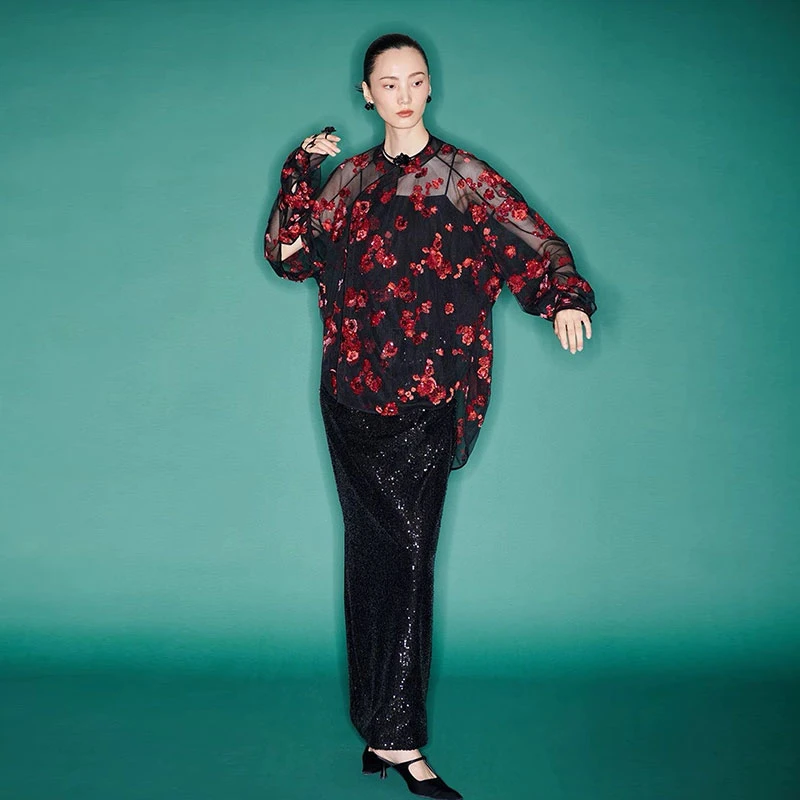 M essential 马 凯点朱绣布 偏襟廓百搭形半透衬衣女