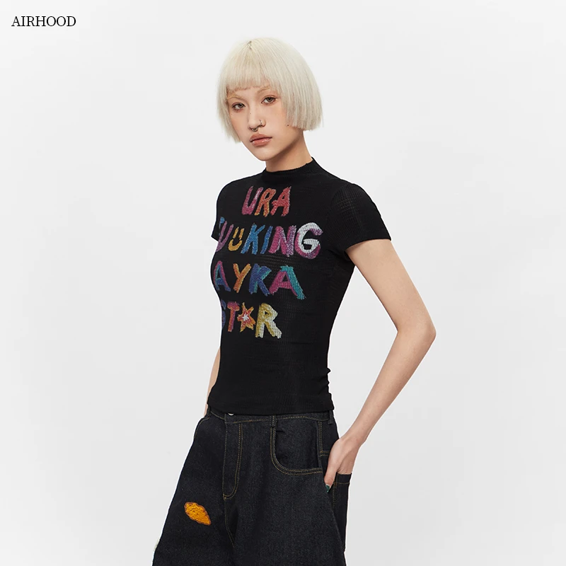 AIRHOOD欧美女彩色字母印花时尚短袖修身短款T恤辣妹上衣TX203