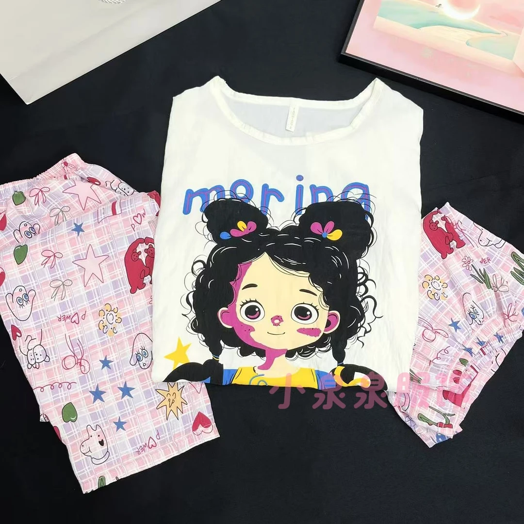 三件套盐酷风卡通猫咪印花短袖短裤长裤夏季慵懒风套装家居服401