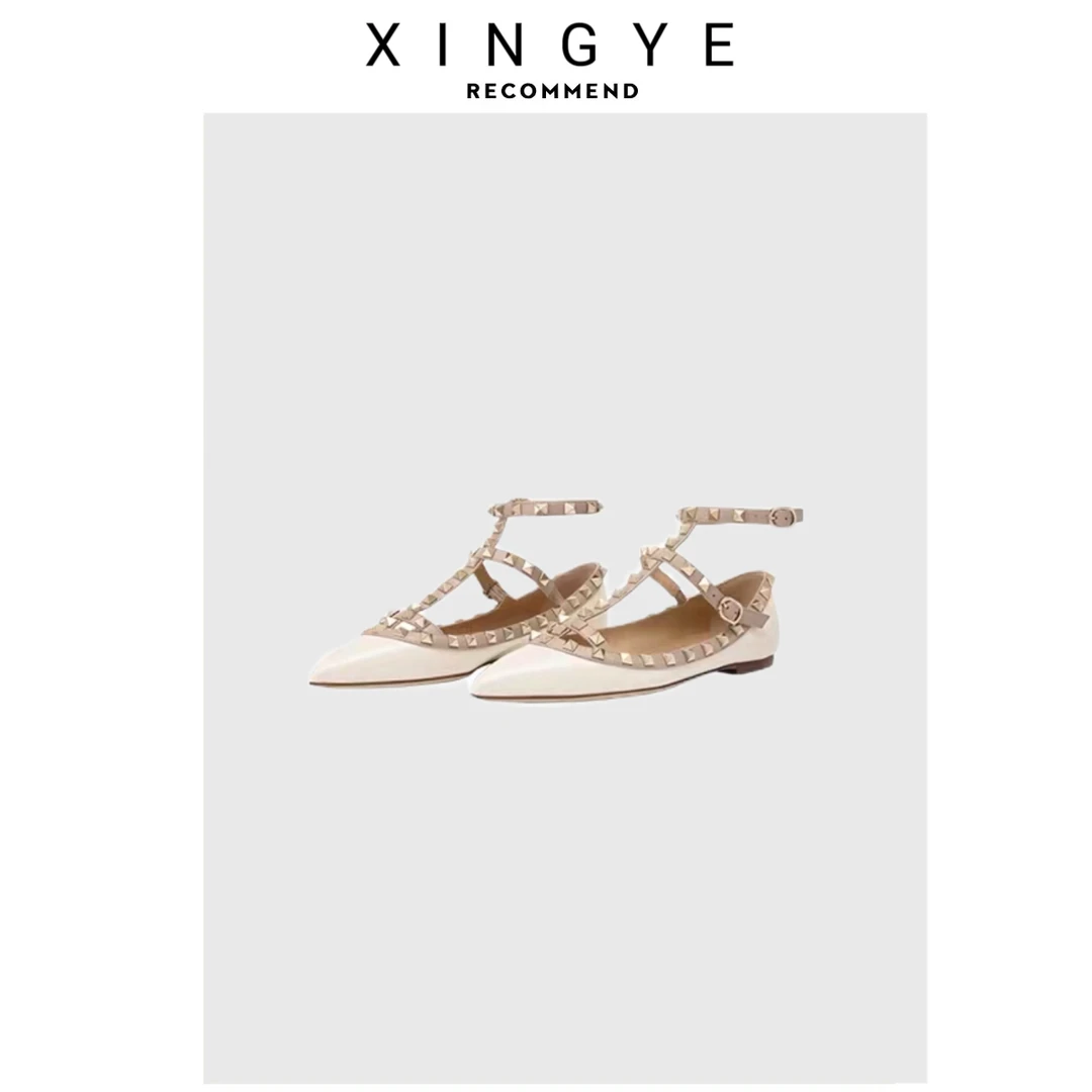 XINGYE 内增高5cm华伦同款铆钉漆皮尖头两圈绑带单鞋