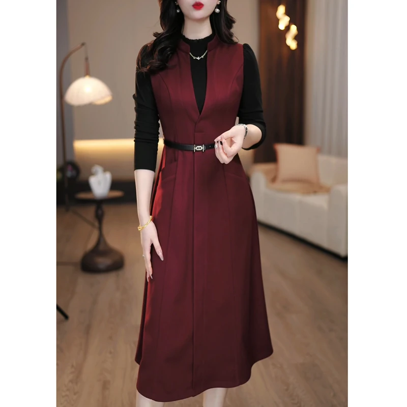 时尚气质显瘦长袖假两件拼接毛呢打底连衣裙女秋冬中长款修身裙子